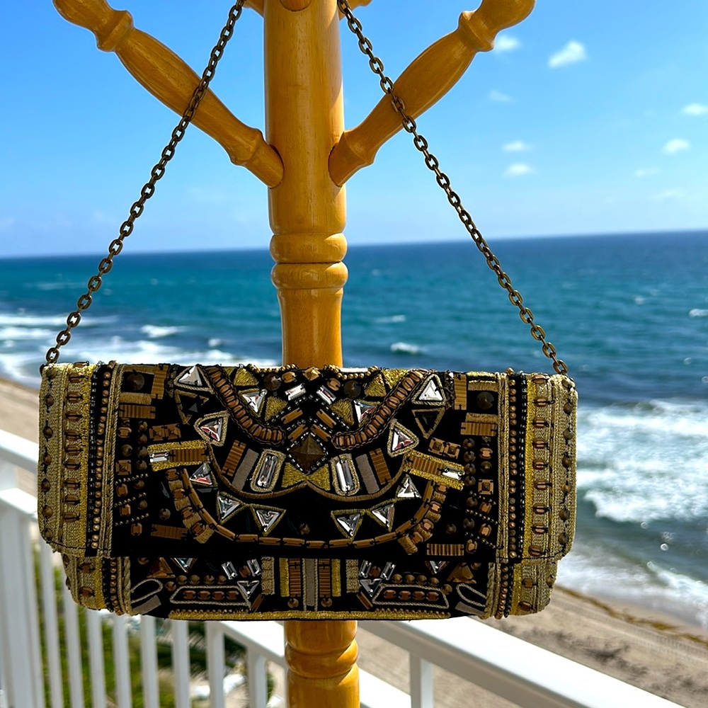CLUTCH Black and Gold Embellished Clutch with or without chain.